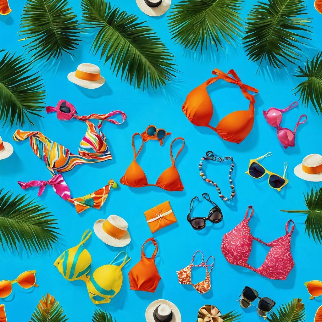 A vibrant beach scene showcasing various women of diverse backgrounds modeling an array of bikinis, from classic styles to the latest trendy innovations. Sunlight gleams off the shimmering ocean waves, highlighting bright colors and unique patterns in the swimwear. Include playful beach accessories like hats and sunglasses for added flair, with a backdrop of palm trees and a clear blue sky. illustrative style. vibrant colors. 3D.